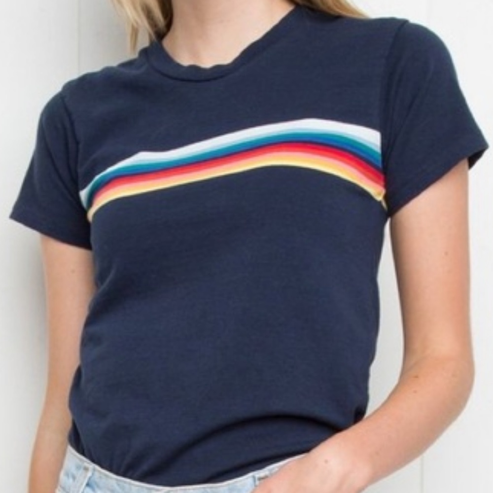 Brandy Melville Rainbow Chest Stripe Navy Blue Tee
